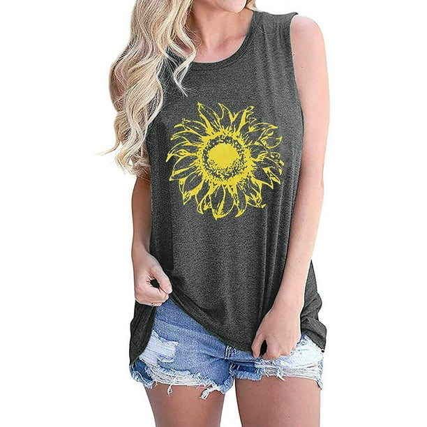 Blusa suelta sin mangas con estampado de girasol para mujer Pompotops lopia988622