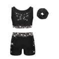 thumbnail image 2 of Hansber Kids Girls Cheerleading Outfits 3Pcs Rhinestones Dance Crop Top and Gymnastics Shorts Set with Hair Band Black 8, 2 of 5