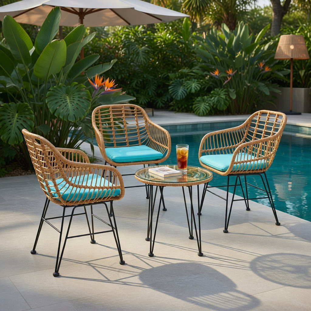Hommoo 3-Piece Rattan Outdoor Furniture Set, 2 Cushioned Chairs + Tempered Glass Coffee Table, Turquoise