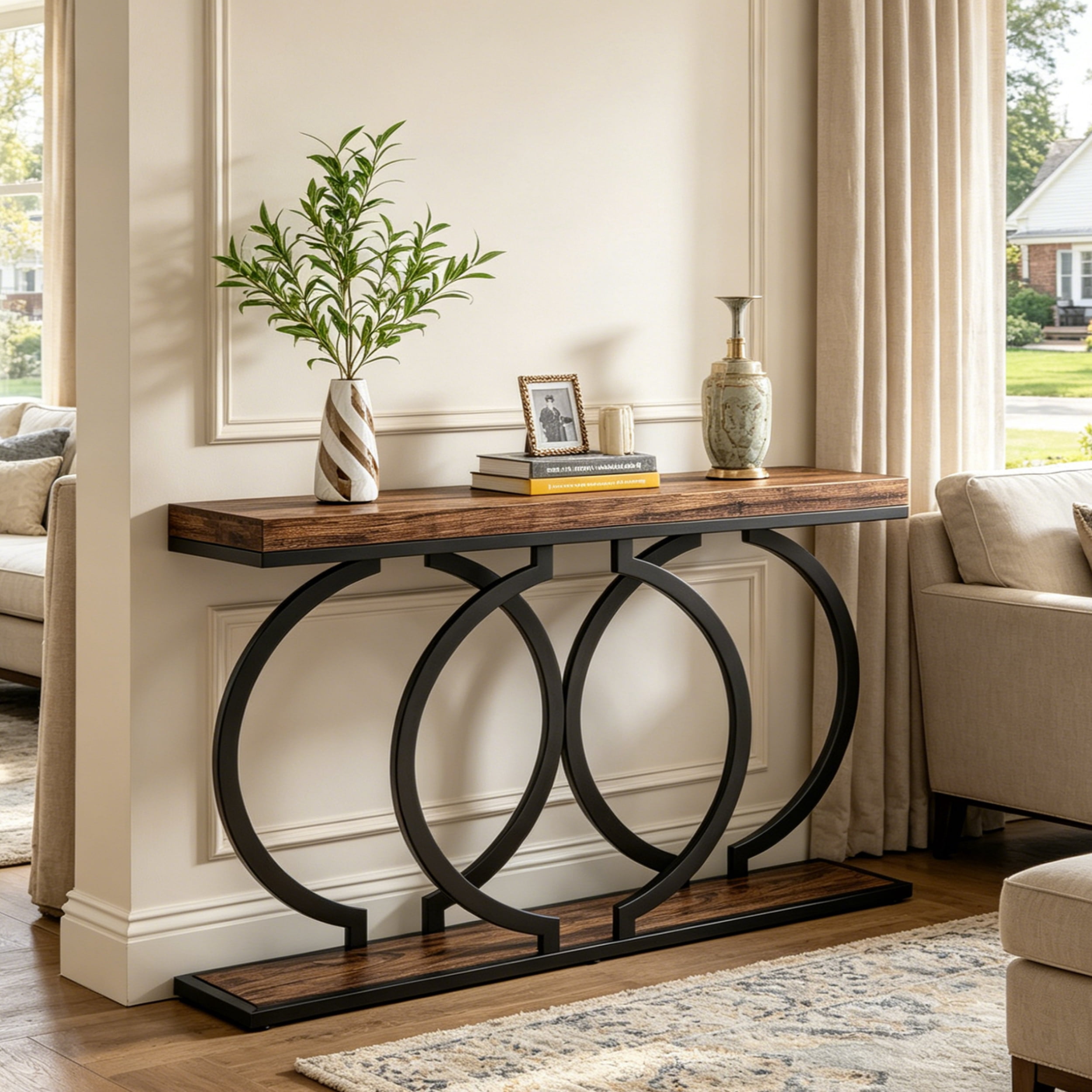 Fnova 55" Console Table, Modern Entryway Table with Geometric Metal Frame, Faux Marble Narrow Long Sofa Table for Living Room, Entrance, Hallway