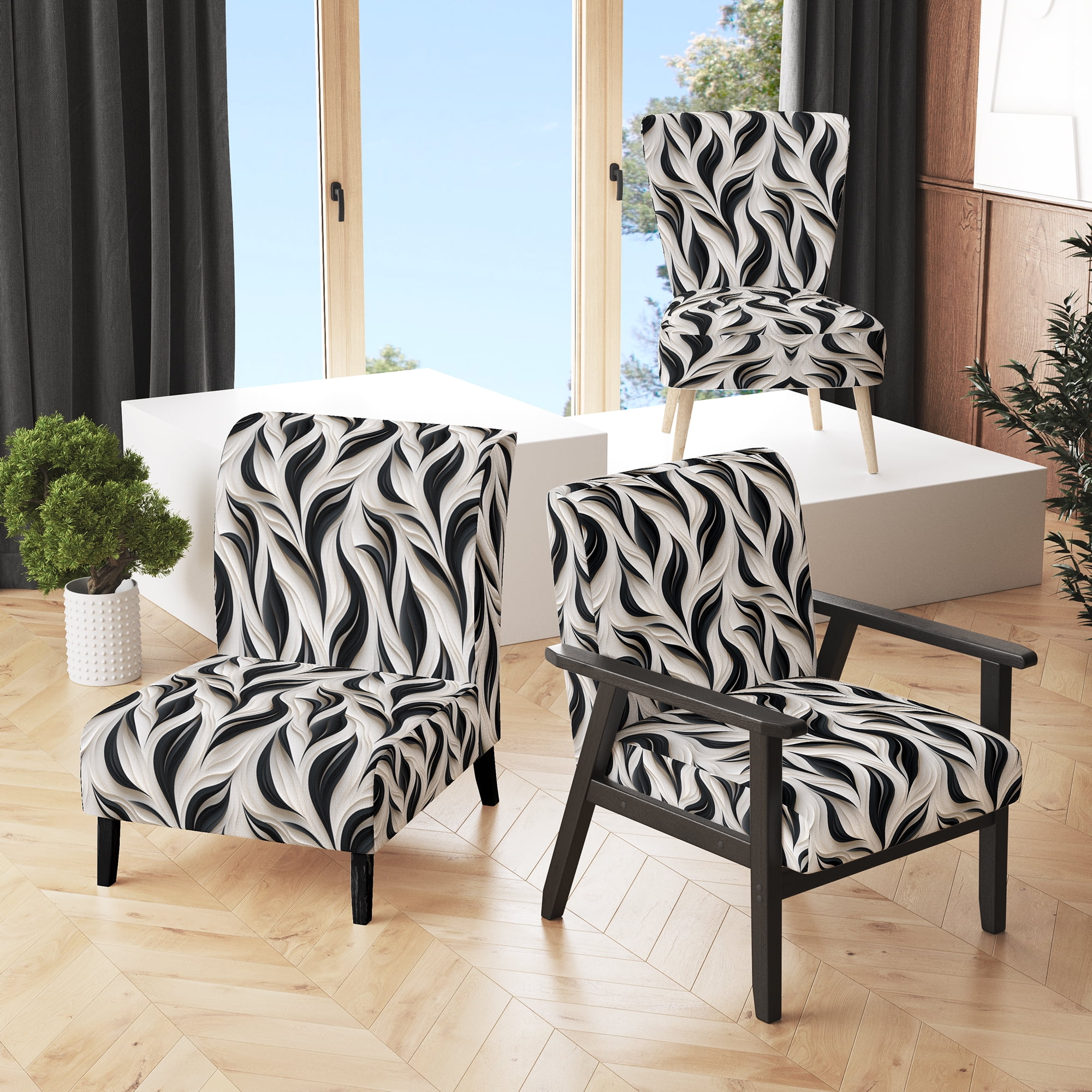 Living Room Black And White Striped Accent Chair Designart