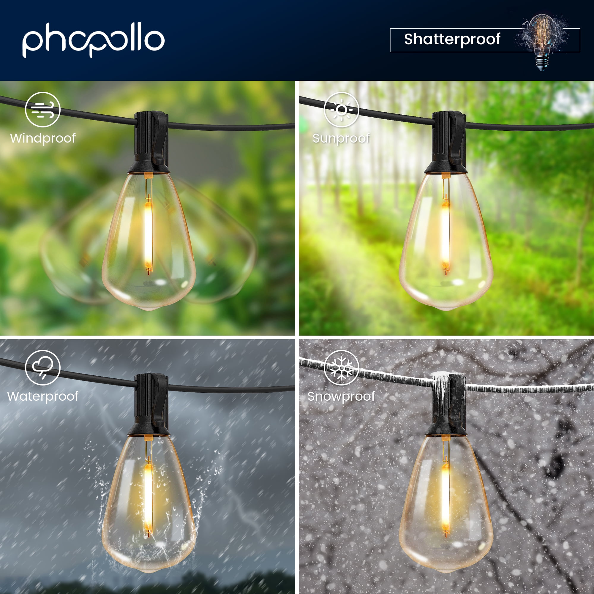 PHOPOLLO Outdoor String Lights 100FT Patio Lights with 24+1 Shatterproof ST38 Vintage Edison Bulbs, Outside Hanging Lights Waterproof for Porch, Deck, Garden, Backyard, Balcony, 2700K