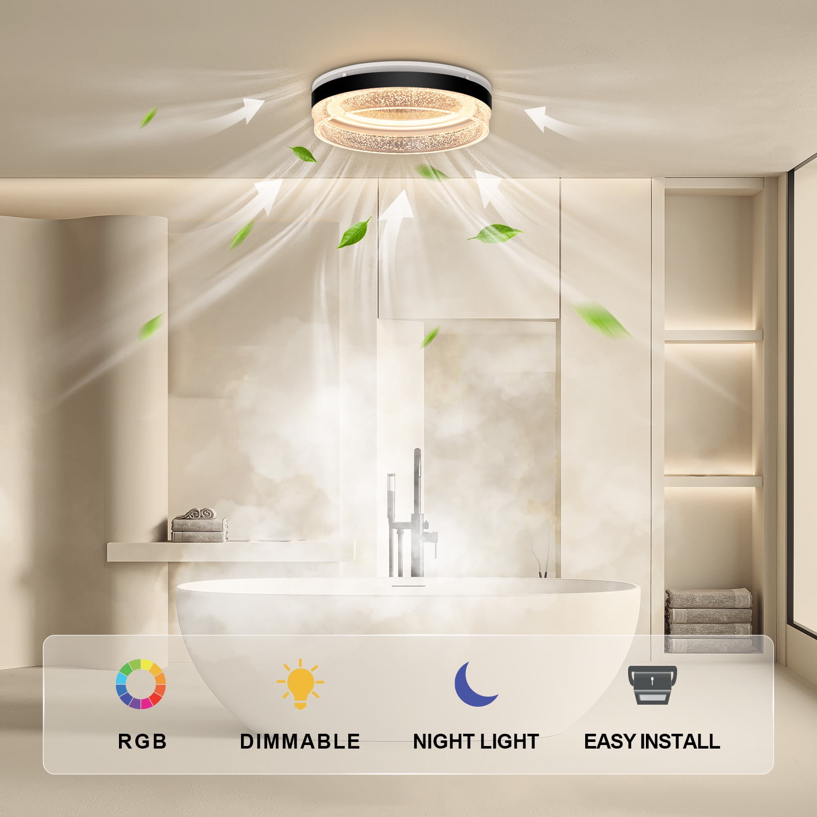 Akicon 110CFM 1.5 Sones Bathroom Exhaust Fan with Light, 1000lm Dimmable 4 - Color Acrylic Starry Sky Light & 2700K Nightlight Ventilation Fan for Home, Round, Black