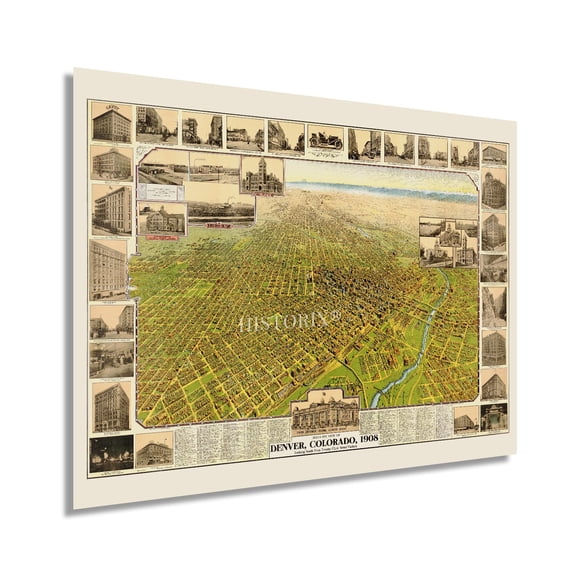 HISTORIX 1908 Map of Denver Colorado Vintage Poster Wall Art Print, 18 x 24 Inch