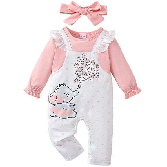 LAPAKIDS Newborn Baby Girl Clothes 3-6 Months Elephant Print Romper Jumpsuit Bodysuit Headband Cute Outfits