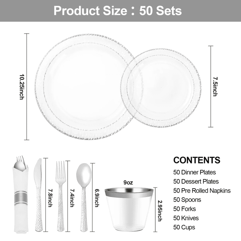 Goodluck Clear Disposable Dinnerware Set, Silver Trim, 350-Piece photo 3