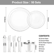 Goodluck Disposable Dinnerware Set for 50 Guests, 350PCS Clear Plastic Plates with Silver Trim, Silver Cutlery, Cups & Napkins for Parties