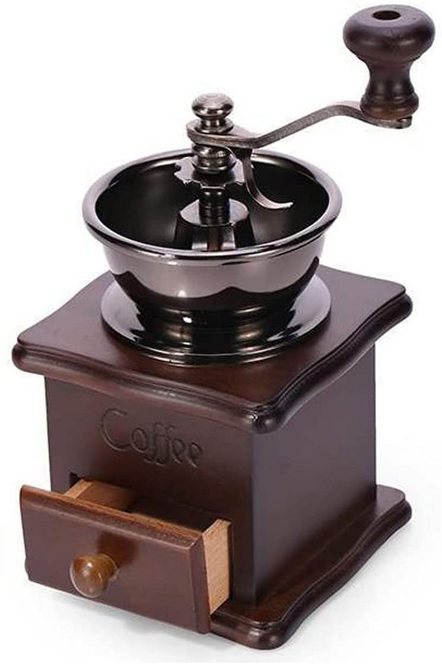 Wooden Manual Coffee Grinder Vintage Style Hand Coffee Mill Burr Coffee Grinder with Ceramic Hand Crank,Wooden Manual Coffee Grinder Cleaning Brush, Brown, 19 x 8.5 x 16 cm