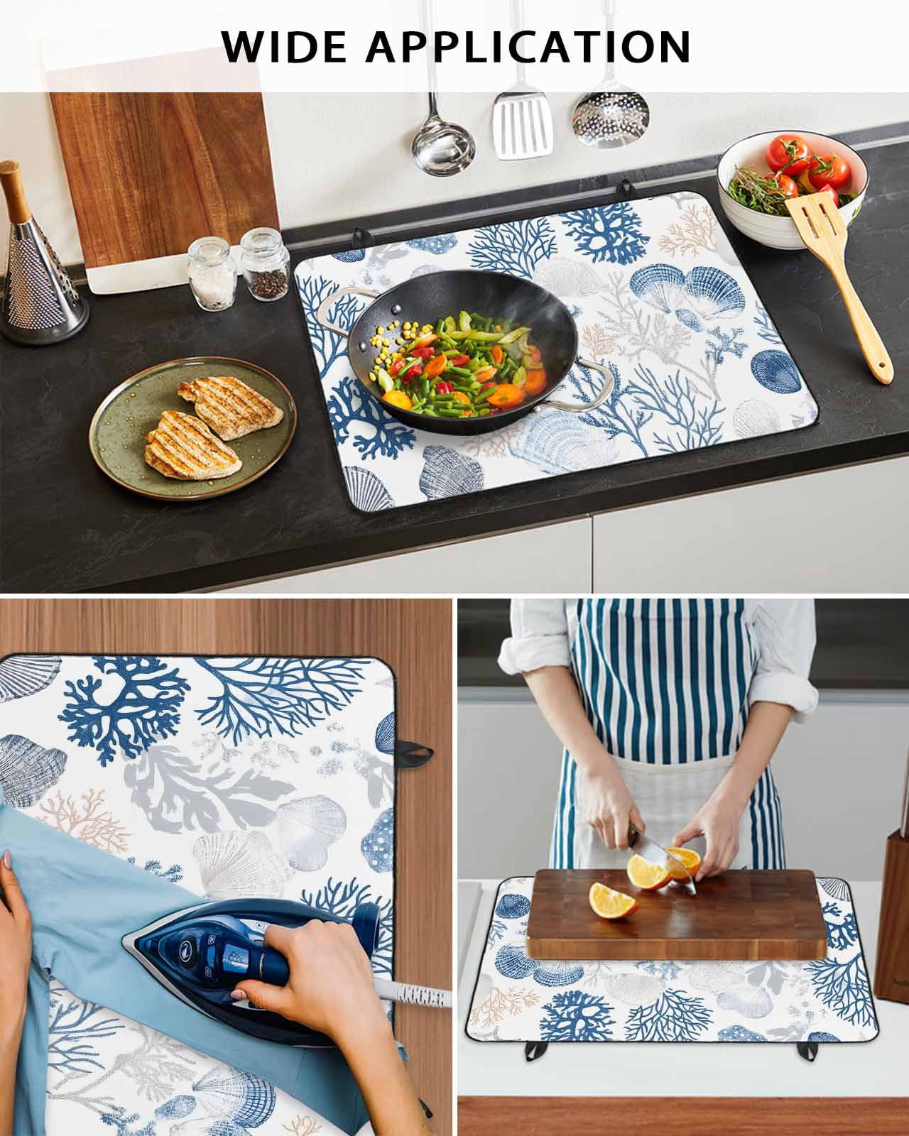 nqOlkjepod Large Induction Cooktop Protector Mat 24"x21", Coastal Blue Coral Stove Top Covers for Electric Stove, Summer Watercolor Ocean Sea Shell Stove Burner Cover Mats, Glass Top Stove Cover