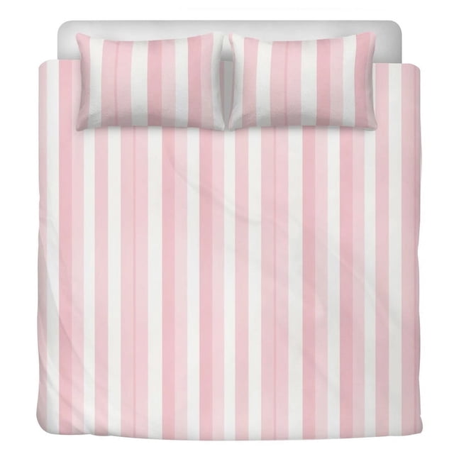 Juego de cama de rayas rosas (3pcs), blanco Una funda nórdica y dos fundas de almohada