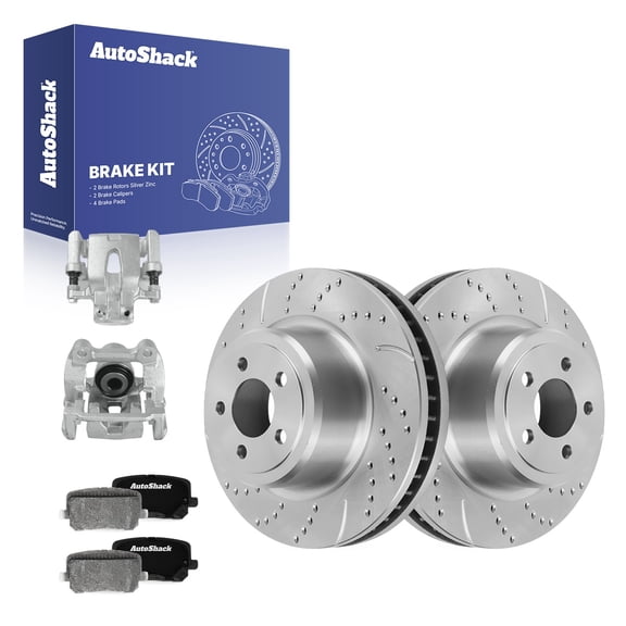AutoShack Rear Vented Drilled & Slotted Silver Zinc Coated Brake Rotors   Ceramic Pads   Calipers 8-PC Brake Kit Replacement for 2014-2015 Dodge Charger SilverShield Pro 12.6" (320 mm)