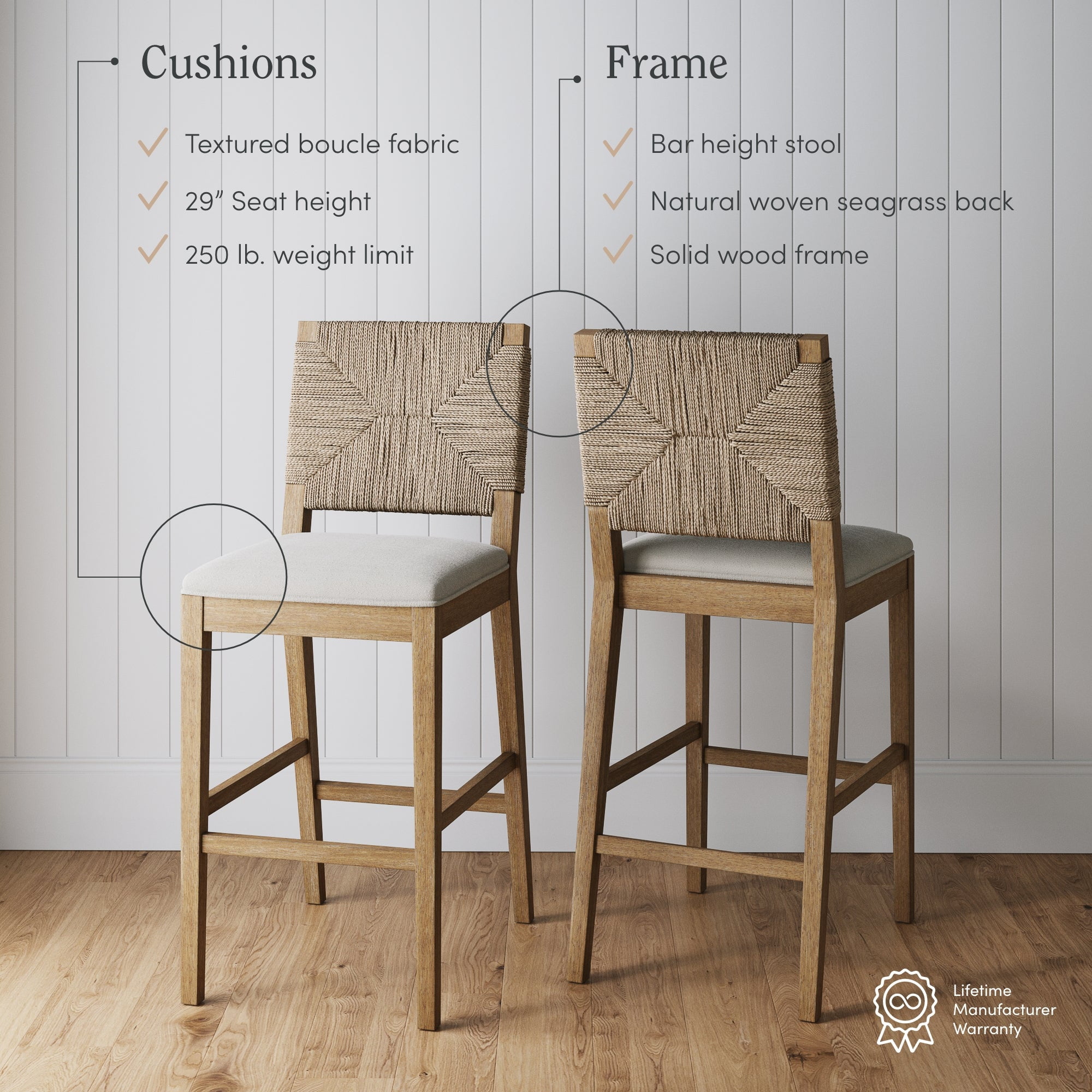 Nathan James Beacon Bohemian Boucle Bar Stool with Back, Bar Height Kitchen Island Chair, Seagrass Bar Stool, Cream Boucle/Brushed Light Brown