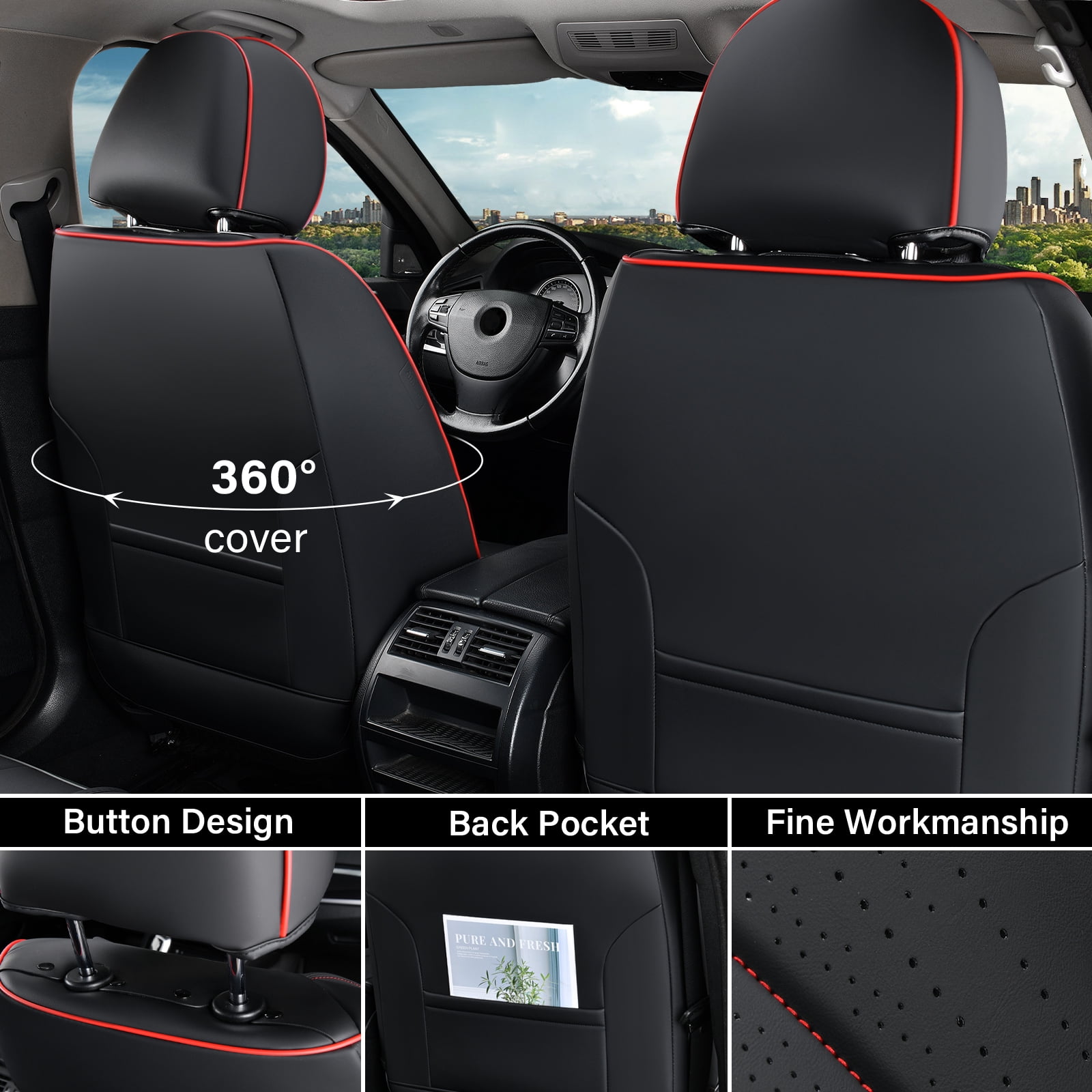 Coverado Full Set Car Seat Covers, Waterproof Faux Leather Front and Rear Seat Protector, Breathable Seat Cushions Universal Fit for Most Cars, Black&Red