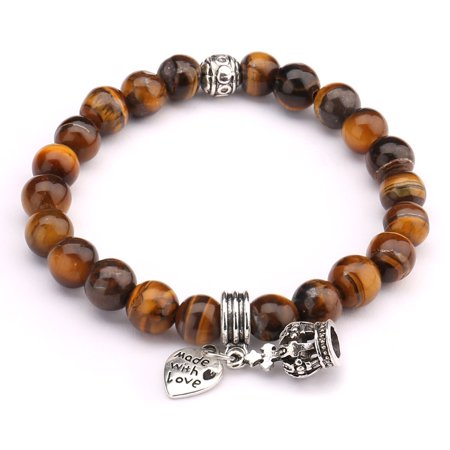 Natural India Agate - Beads Bracelet,UHIBROS Crown Heart Pendant Unisex Elastic Stretch Beaded Bracelet,Natural Agate Lava Rock Bangle