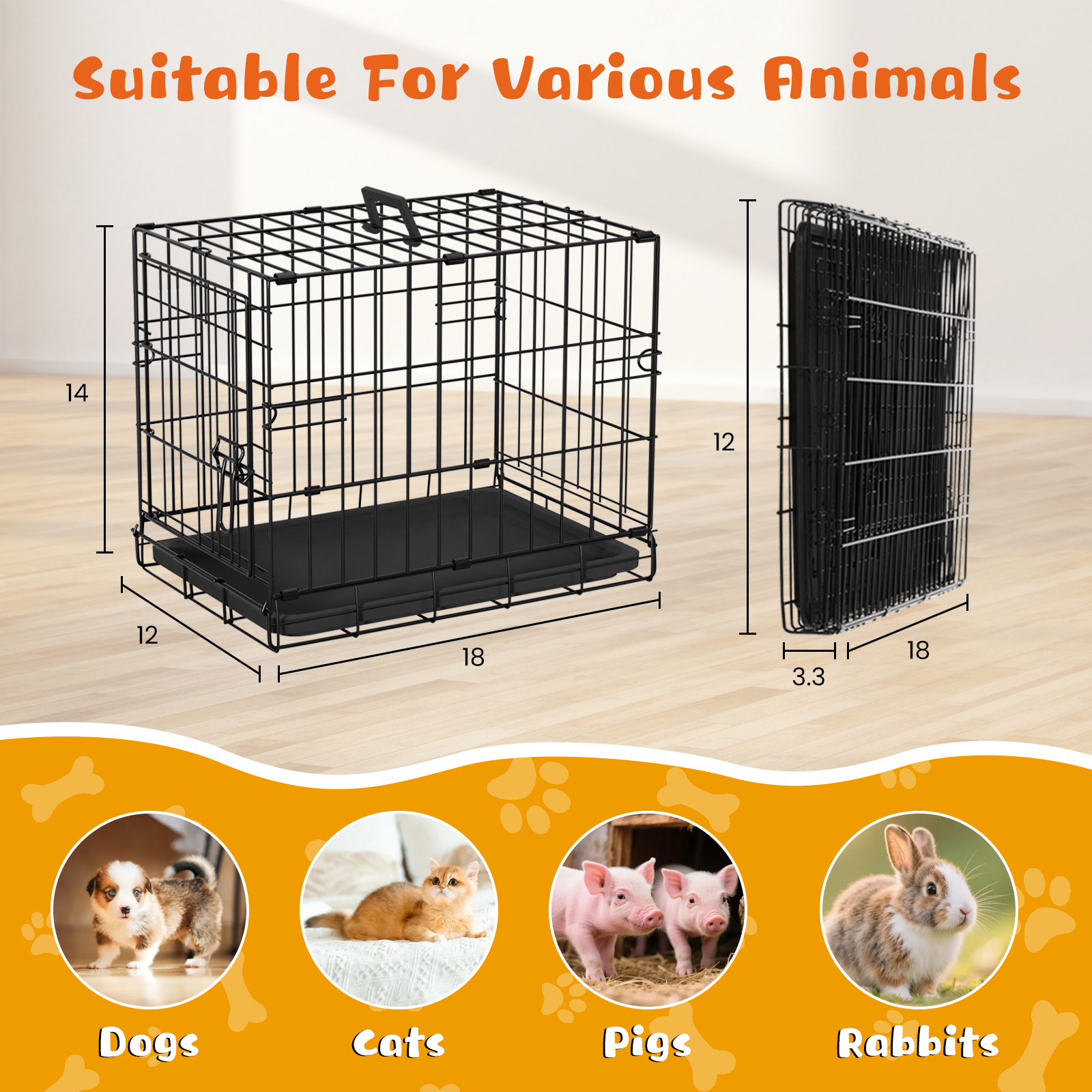 Dkelincs 18" Dog Crate for Small Dogs, Portable Foldable Metal Dog Cage & Kennel with Removable Tray for Home Travel, Black