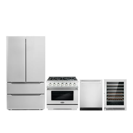 Cosmo 4 Piece Kitchen Appliance Packages with 36  Freestanding Gas Range 24  Built-in Dishwasher French Door Refrigerator & 48 Bottle Freestanding Wine Refrigerator Kitchen Appliance Bundles