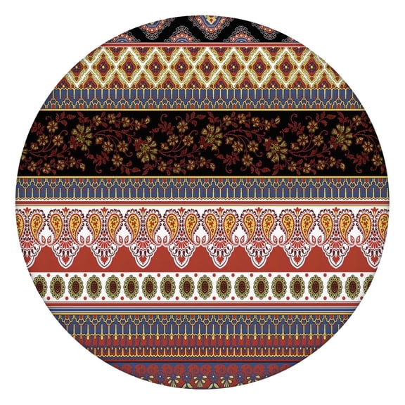 Vinyl Tablecloth Round Boho Chic Geometric Style, Backed, Waterproof, Elastic Fitted, Wipeable for Dining Table