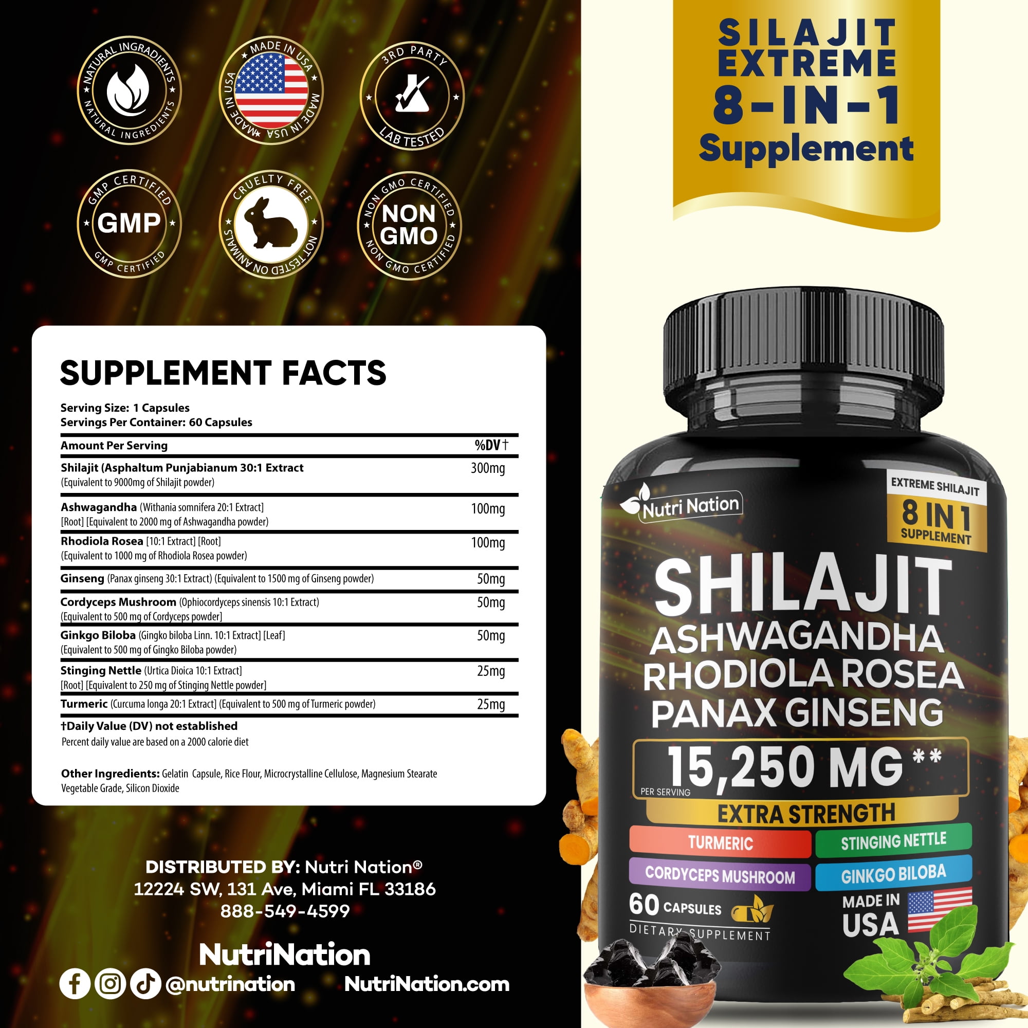 Nutri Nation Shilajit Supplement with Ashwagandha, Rhodiola Rosea, Panax Ginseng, 60 Capsules