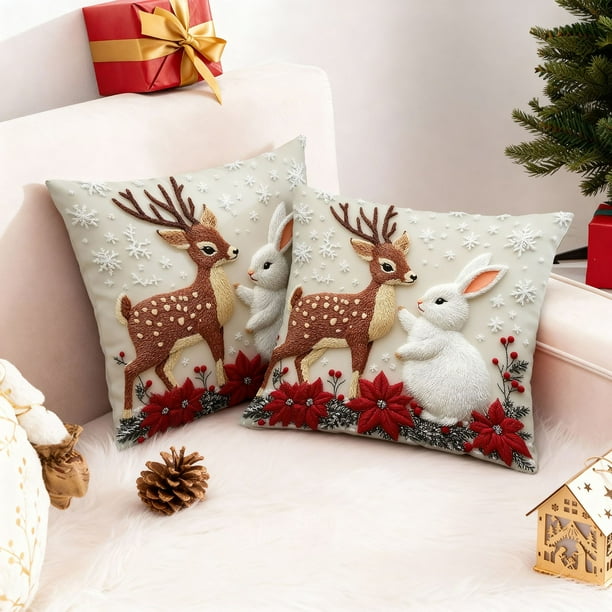 Juego de 2 cojines navideños de 45 x 45 cm | Cojines decorativos navideños | Fundas de cojín de lino suave para sofá y cama