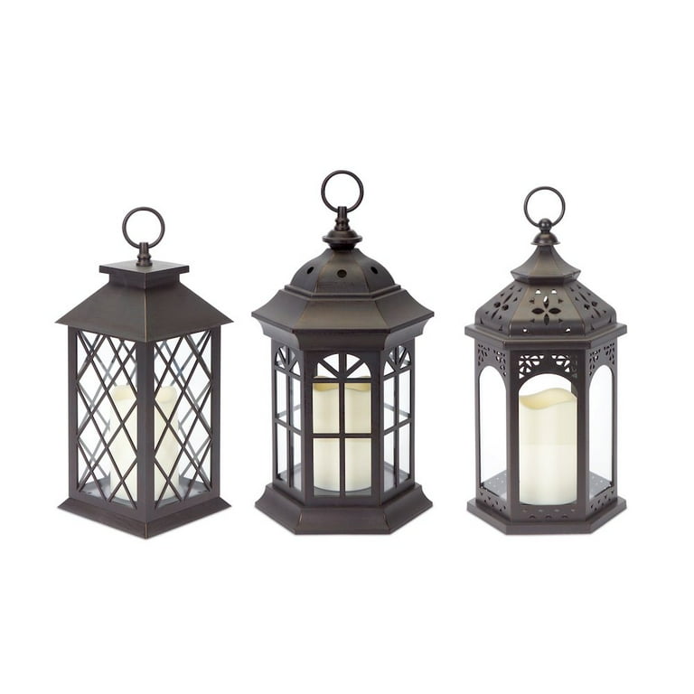 Set Of Three Brown Flameless Floor Lantern Candle Holder Set Of Three Brown Flameless Floor Lantern Candle Holder