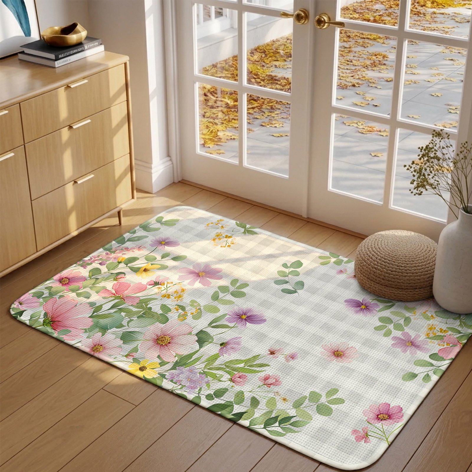 Doormat Wildflower Front Door Mat Entrance Soft Non Slip Absorbent Doormats Green Eucalyptus Leaves Grey Plaid Floor Mat Rugs for Entryway Porch Bathroom Bedroom Kitchen Indoor Outdoor 16"x24"