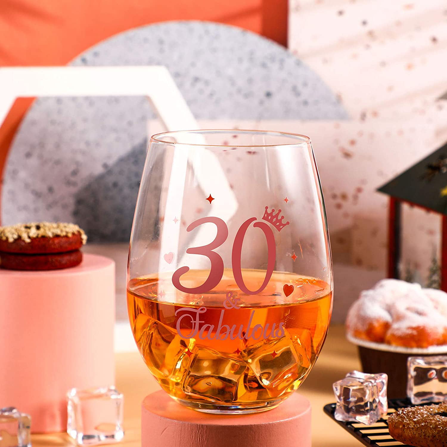 30 and Fabulous Stemless Wine Glass Rose Gold Birthday Wine Glass Present Anniversary Glasses for Man Women Birthday Party Wedding Anniversary Decorations 17 oz