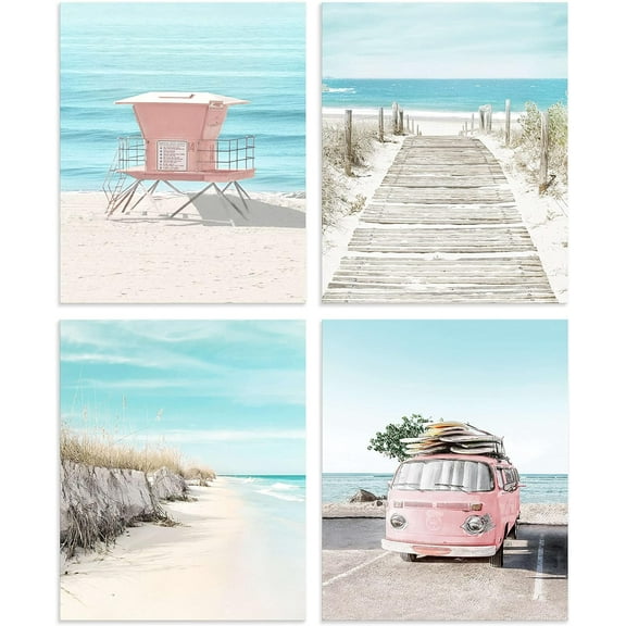 Coastal Wall Art Beach Prints Home Decor Set of 4 Chic Summer Ocean View Pictures Pink Van Seaside Posters Unframed 8 x10 Inch