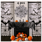 Ecosprial Halloween Decorations Indoor,Black Lace Party Decor,Bat Window Curtains,Spider Web Fireplace Mantel Scarf Cover,Spiderweb Table Topper Tablecloth,Set of 4