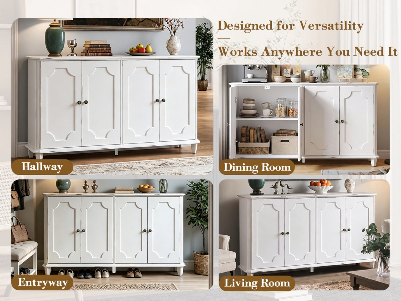 Distressed Farmhouse Buffet Sideboard Cabinet, 4 Embossed-Door Storage Cupboard, Versatile Cabinet with Adjustable Shelf