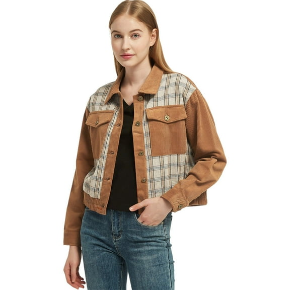 Women's Corduroy Collared Button Down Jacket- Large, Caramel Plaid