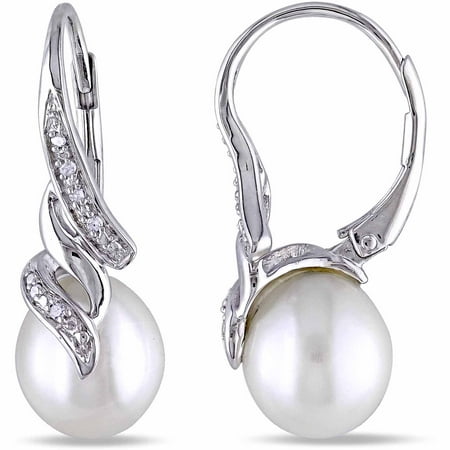 Miabella 9-9.5mm White Rice Cultured Freshwater Pearl and Diamond Accent Sterling Silver Leverback Swirl Earrings
