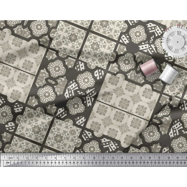 Soimoi Crepe Silk Fabric Check & Quatrefoil Patchwork Printed Fabric 1 Yard 42 Inch Wide