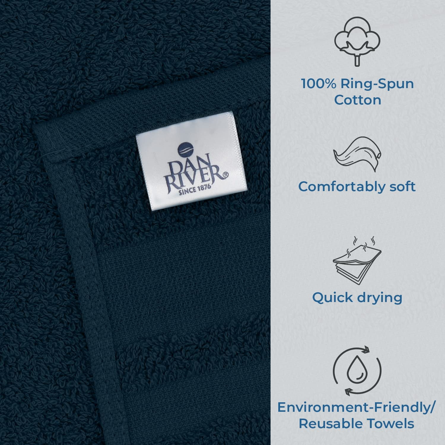 Dan River Salon Towel Pack of 24 Soft Quick Dry Absorbent Cotton Spa hand Towel - Navy 16x26in