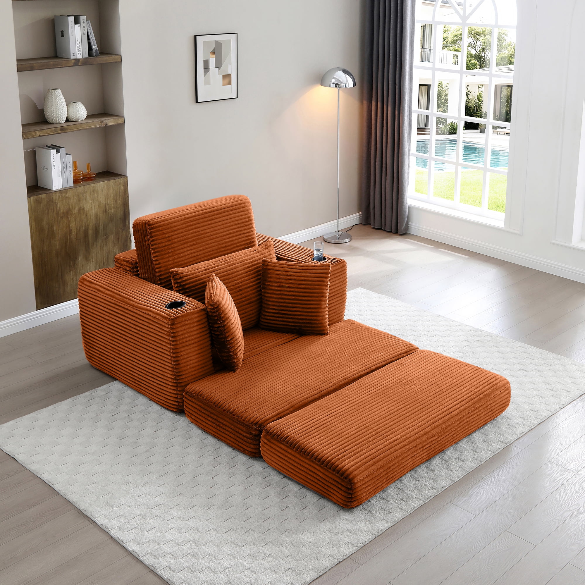 Miniyam 52" x 61" Foldable Sofa Bed and Ottoman Combo – Apartment Sleeper, Boneless Design, Cup Holders (Orange)