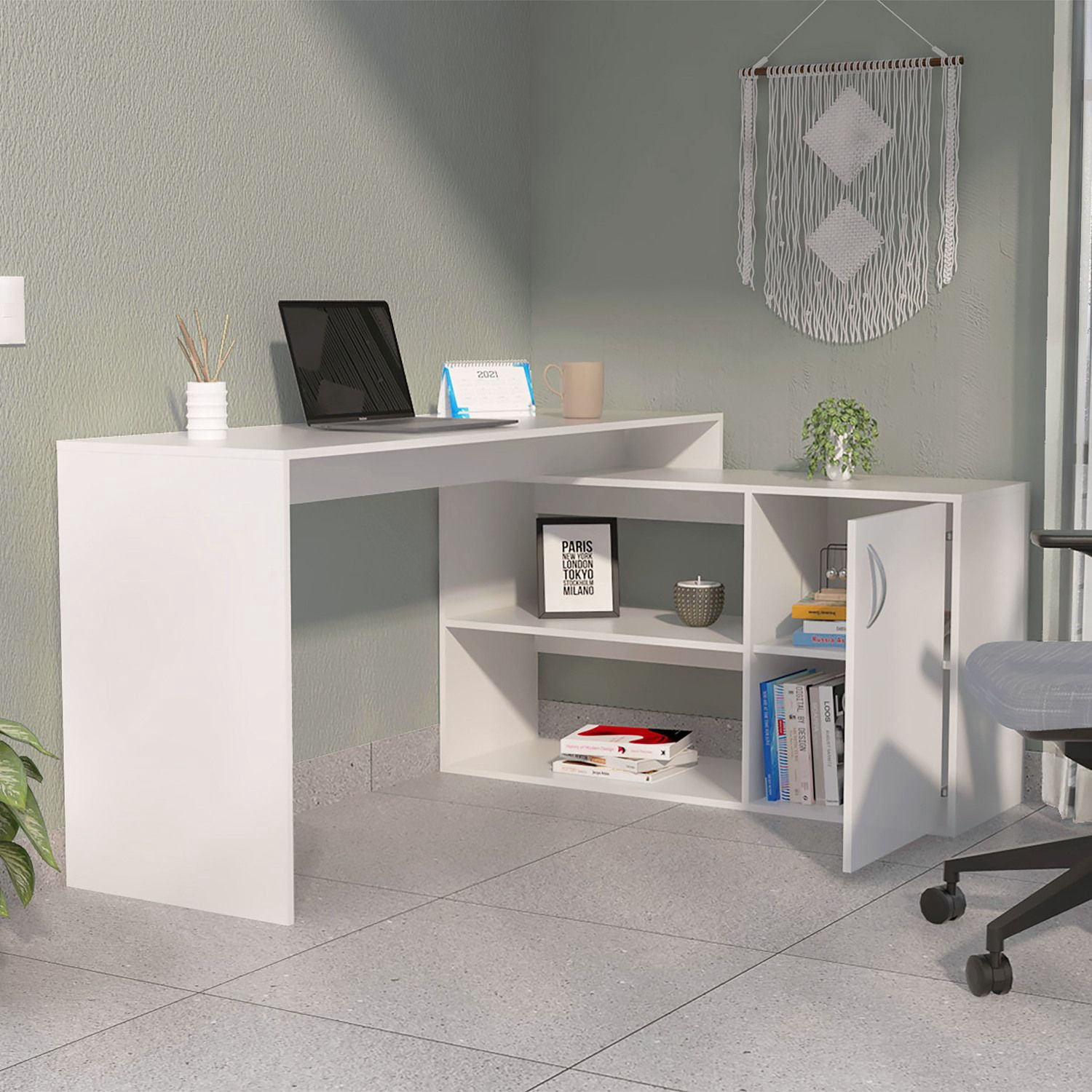 Asteroutdoor White L-Shaped Office Desk with Drawer and Shelves