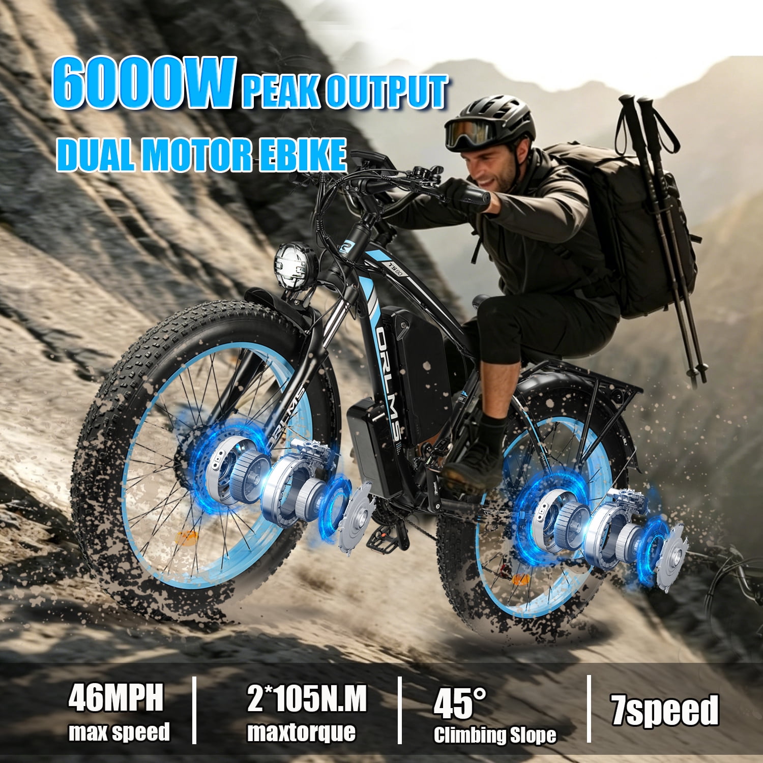 6000W Peak Dual Motor Electric Bike for Adults, 60V 25AH Battery, 45MPH & 100 Miles Range, Full Suspension, 26" x 4.0" Fat Tire Off-Road E-Bike for All Terrain Snow Sand