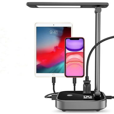 AGPTEK LED Desk Lamp, with 4 USB Charging Port and 2 AC Power Sockets, Touch Dimmer 3 Level Brightness,Eye-Caring Lamp for Beside Hotel Office, Color Black