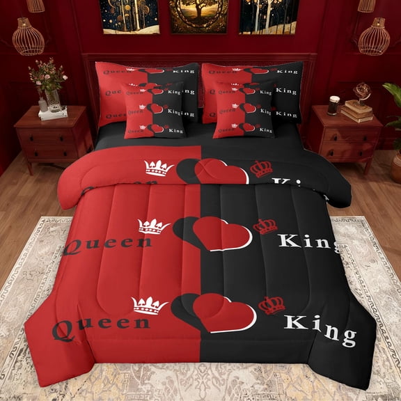 Homewish Female Women Adults Queen And King Crown Twin Bedding Sets 7-Piece,Happy Valentine'S Day Bedding Comforter Set Microfiber,Love Heart Print Breathable Sheet Sets,Microfiber Bedroom Decor