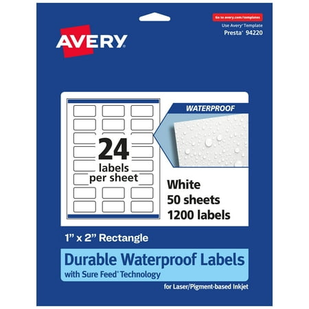 UPC: 0194793908930 | Avery Durable Waterproof Rectangle Labels with Sure Feed  1  x 2   1200 Oil and Tear-Resistant Waterproof Labels  Print-to-the-Edge  Laser/Pigment-Based Inkjet Printable Labels