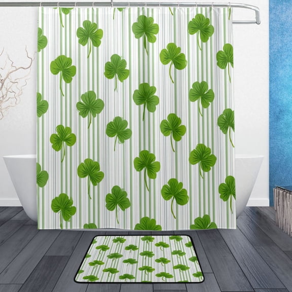 TTYFWHD 60" x 72" Shower Curtain and Bath Mat Set Green Clover Stripe Pattern Waterproof Bathroom Curtain with 12 Hooks, Bathroom Decor Set