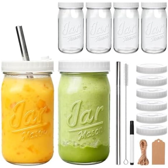 6-Pack Mason Jars Cups with Plastic Lids & Straws, 32oz Wide Mouth Glass Cups with Leak-proof Plastic Lids, Reusable Drinking Jars for Juices, Smoothies, Iced Coffee & Food Storage