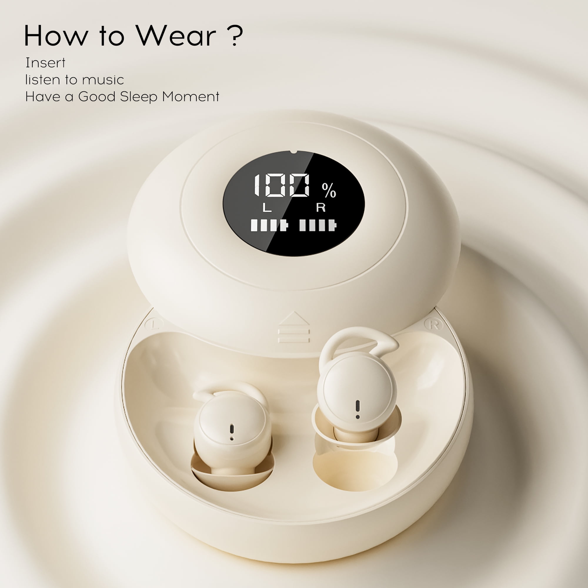 sunvito Sleep Earbuds, Mini Sleep Earbuds for Side Sleepers, 30H Playtime Wireless Headphones with LED Earphones for Small Ears Sleeping Working, Exercise,Hiking,Beige