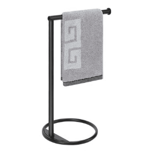 Hand Towel Holder Stand, Thicken Metal L Shape Hand Towel Rack, Small Towel Ring, Stable Standing Towel Bar for Bathroom Kitchen Vanity Countertop, 8” L 14” H (Matte Black, 1 Pack)