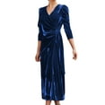 thumbnail image 3 of Liacowi Women Velvet Bodycon Midi Dress Solid Color V-Neck Tie-Up Long Sleeve Dress Spring Fall Evening Party Dress, 3 of 5