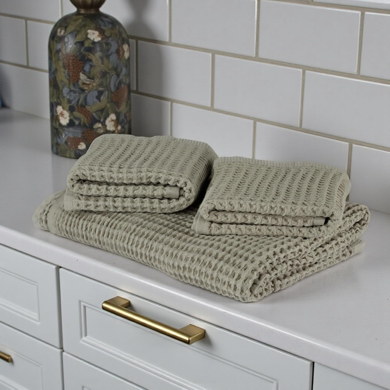 DEMMEX Organic Cotton Waffle Weave Turkish Towel Set for Bathroom, 100% Oeko-TEX Certified Super Soft Turkish Cotton, Lightweight & Quick Dry, 1 Bath & 2 Large Hand Towels, 30x60/20x30 in., Beige/Tan