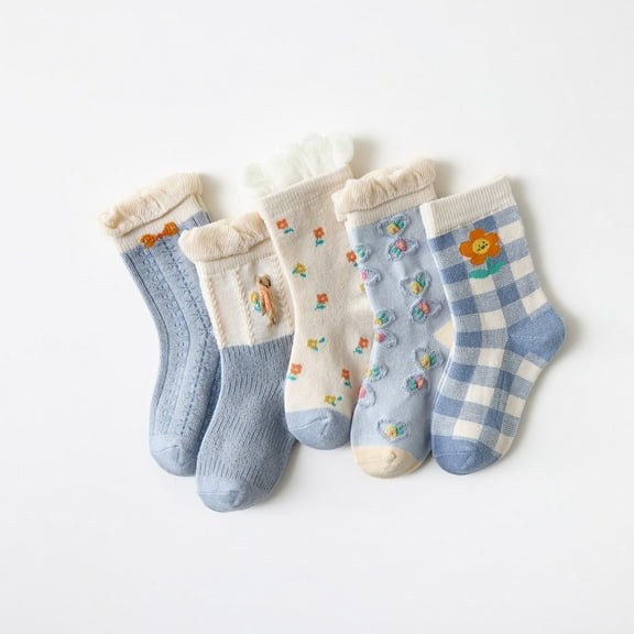 Spazoro Kids Girls Socks, Breathable Warm 5 Pairs Lattice Cotton Students Socks for Girls Blue Size S