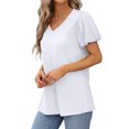 thumbnail image 3 of Camisetas de manga corta con cuello en V para mujer, camisetas holgadas de Color puro informales a la moda para mujer, camisetas de verano para compras de viaje diarias, 3 of 6