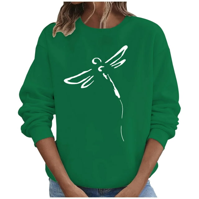Penkiiy Blouses pour Femmes Hauts d'Automne Manches Longues Chandail Ample Chemise Décontractée Imprimé Poitrine Col Rond Chandails en Molleton Verts Vêtements Y2K