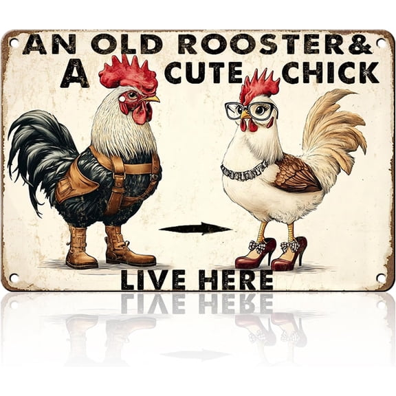 Funny Chicken Metal Tin Sign, An Old Rooster and a Cute Chick Live Here, 8 x 12 Inch Vintage Farmhouse Wall Decor for Chicken Coop, Kitchen, Barn, Garden