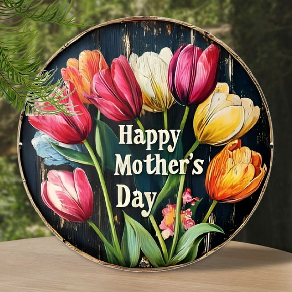 Happy Mother's Day Aluminum Sign - 8-inch Round Metal Wall Decor with Floral Tulip Wreath Design, Durable Door Plaque for Home Decoration, 1 Piece